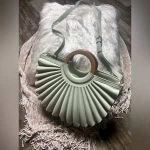 Medium size “Sage” color Cross Body or Wooden handle hand held purse.